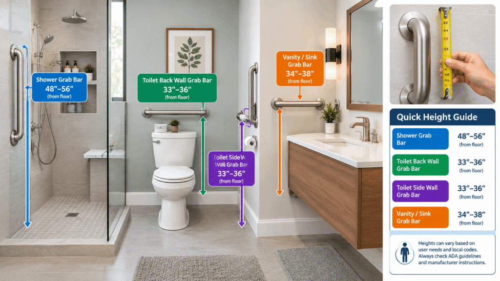 What Height Should a Grab Bar Be Mounted? Showing recommended grab bar heights for showers, toilets, and bathroom vanities.