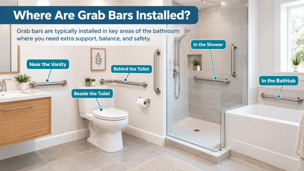 Where are grab bars installed in a bathroom near the toilet, shower, bathtub, and vanity