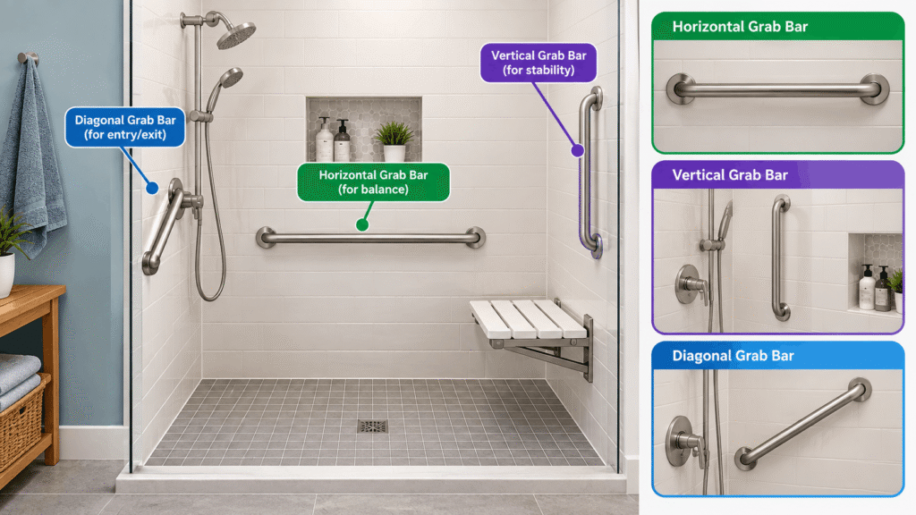 Where do grab bars go in the shower showing horizontal, vertical, and diagonal grab bar placement