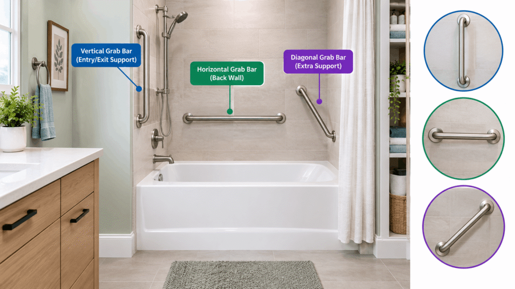 Where Do Grab Bars Go in the Tub? Showing vertical, horizontal, and diagonal grab bar placement around a bathtub.