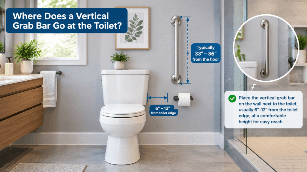 Where does a vertical grab bar go at the toilet in a modern accessible bathroom