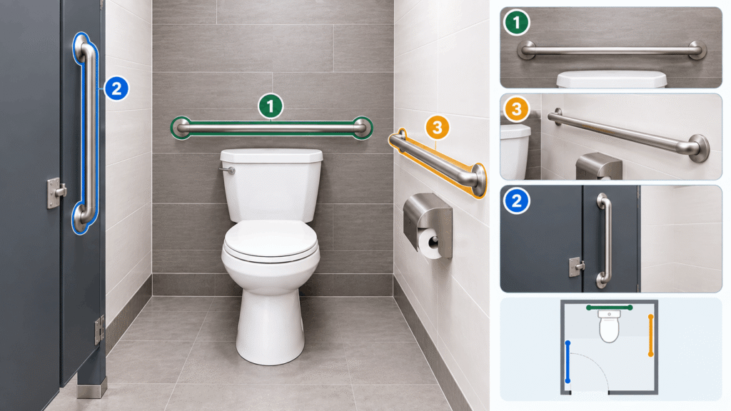 Where Should Grab Bars Go in a Bathroom Stall? Showing grab bars behind and beside the toilet and near the stall entrance.