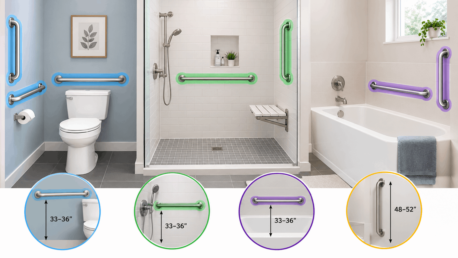 Where do you put grab bars in a bathroom showing grab bar placement near the toilet, shower, and bathtub