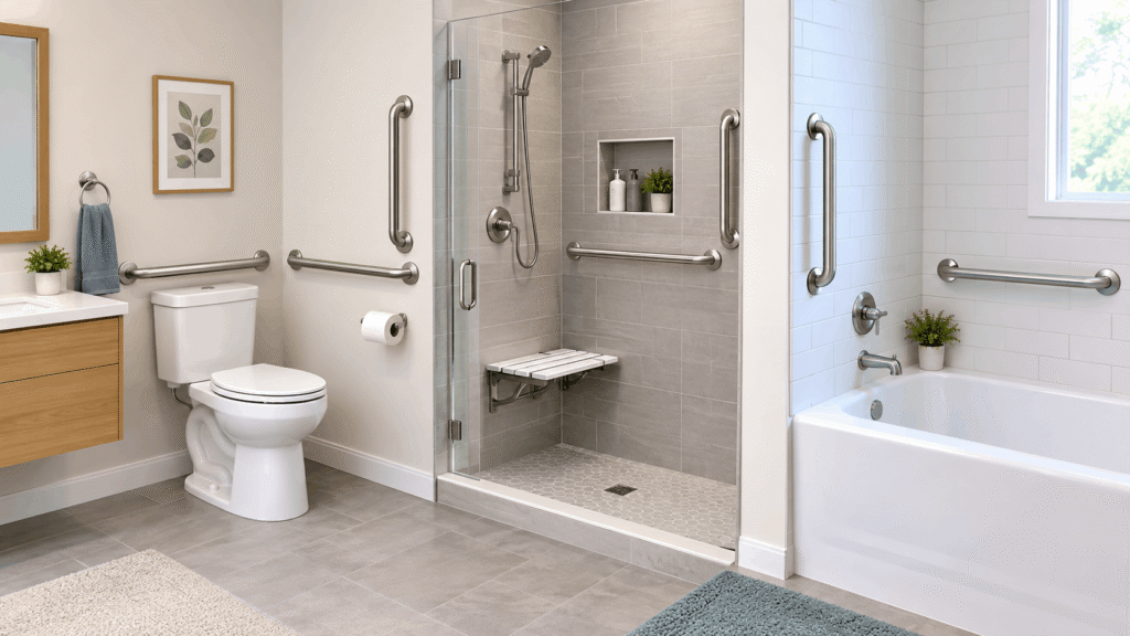Where to Install Grab Bars in the Bathroom showing grab bars near the toilet, shower, bathtub, and bathroom entry.