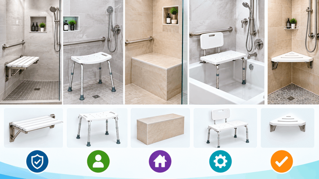 Shower seat options in a modern bathroom, including wall-mounted, freestanding, built-in, transfer, and corner seats.