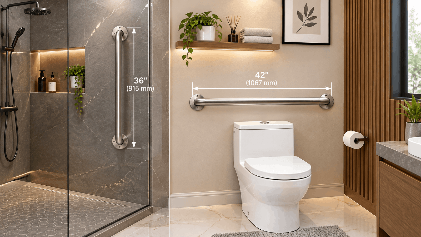 ADA grab bar dimensions showing vertical and horizontal grab bars in a modern bathroom