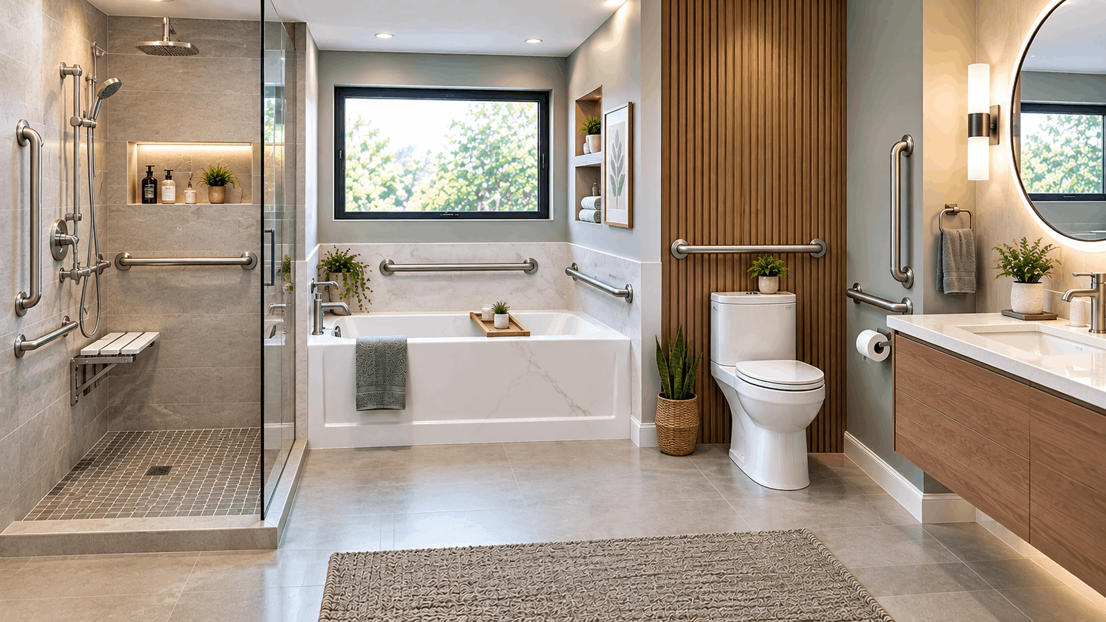 ADA grab bars in bathroom showing strategically placed support bars in the shower, bathtub, toilet, and vanity areas.