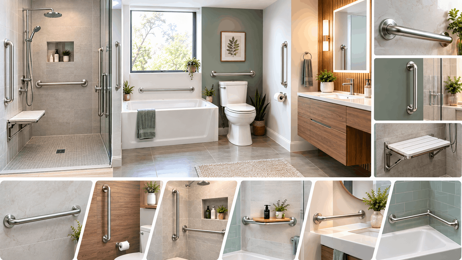 Bathroom grab bar placement for elderly users showing grab bars in the shower, bathtub, toilet, and vanity areas.