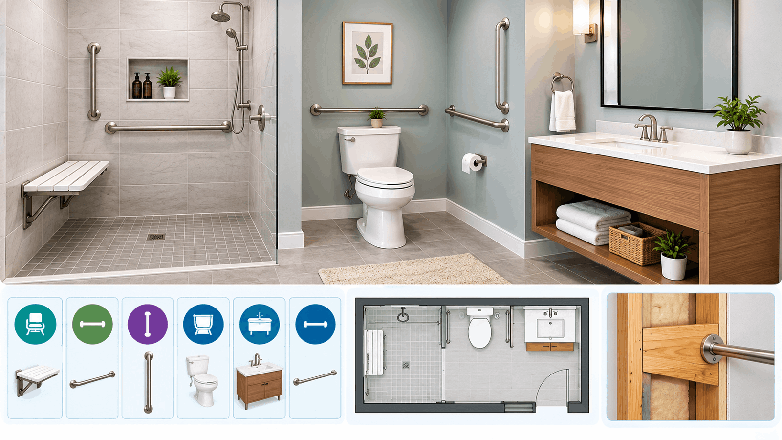 Bathroom with seats and grab bars featuring a walk-in shower, shower seat, toilet grab bars, and accessible bathroom layout.