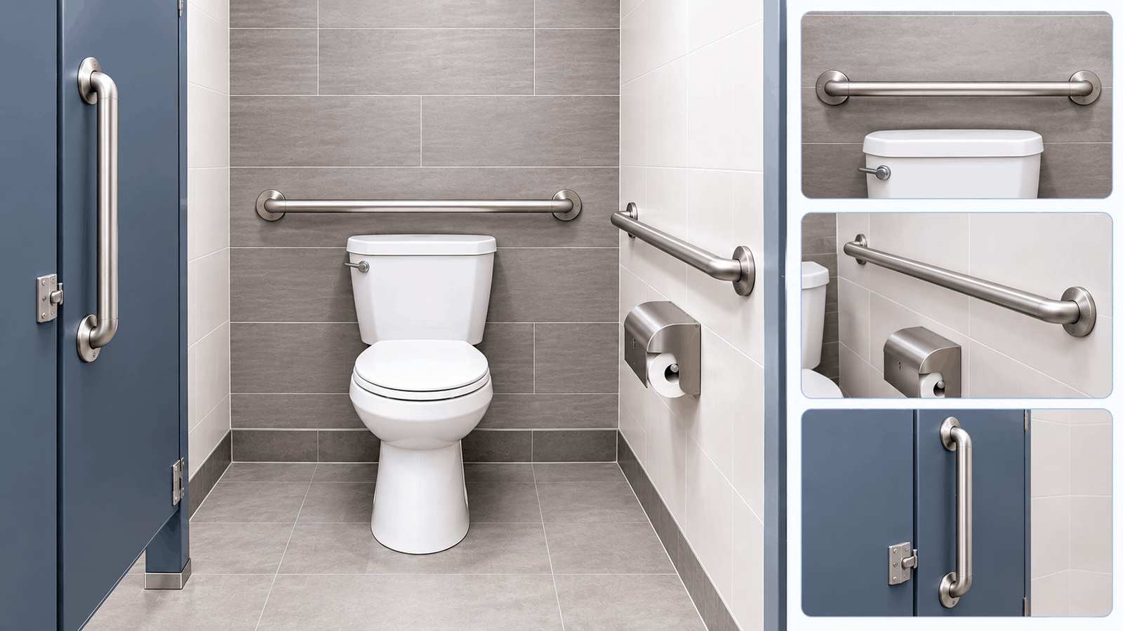 Best location for grab bars in a bathroom stall, showing horizontal bars beside and behind the toilet and a vertical bar at the entry.