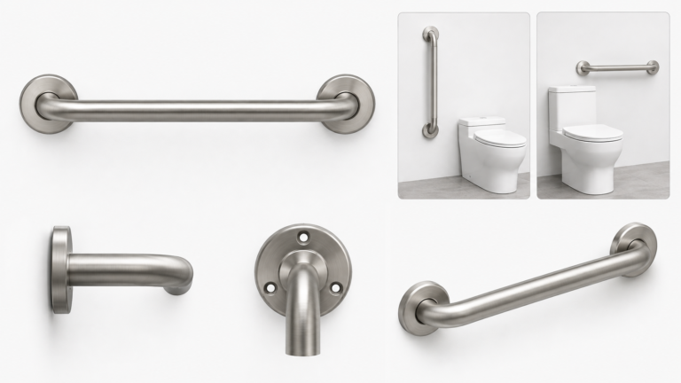 Grab bar dimensions showing stainless steel bathroom grab bar views and vertical and horizontal installation examples.