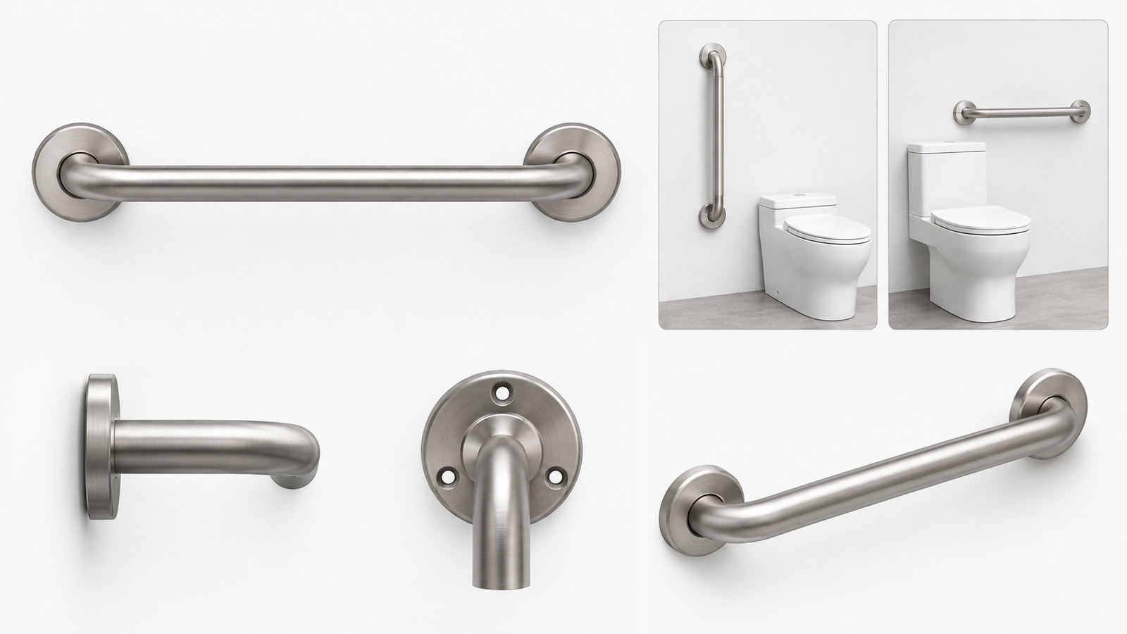Grab bar dimensions showing stainless steel bathroom grab bar views and vertical and horizontal installation examples.
