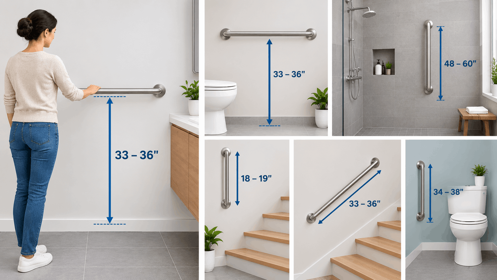 Grab bar heights guide showing recommended bathroom grab bar placement and measurements.