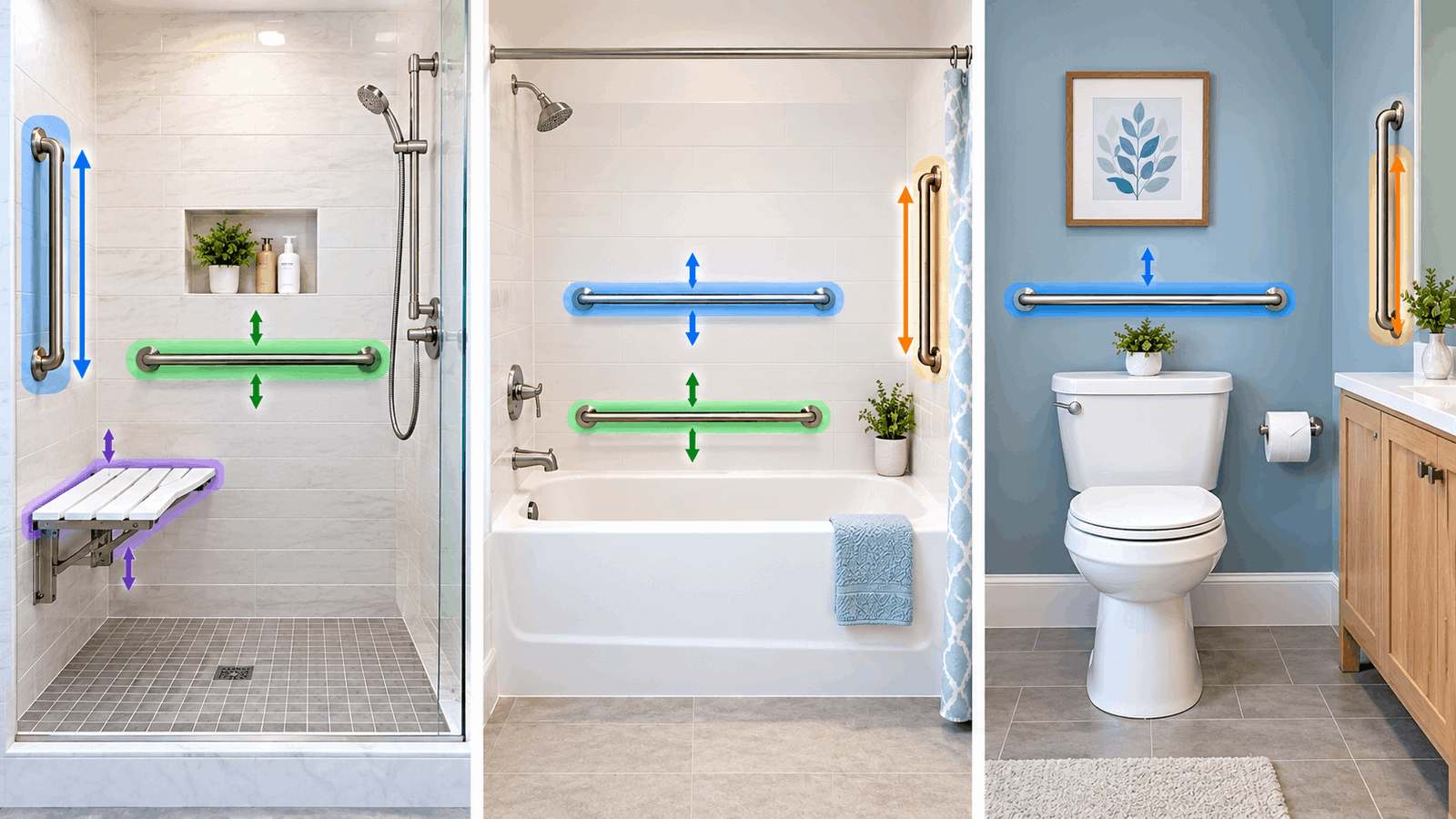 Grab bar placement in a shower, bathtub, and toilet area for bathroom safety.