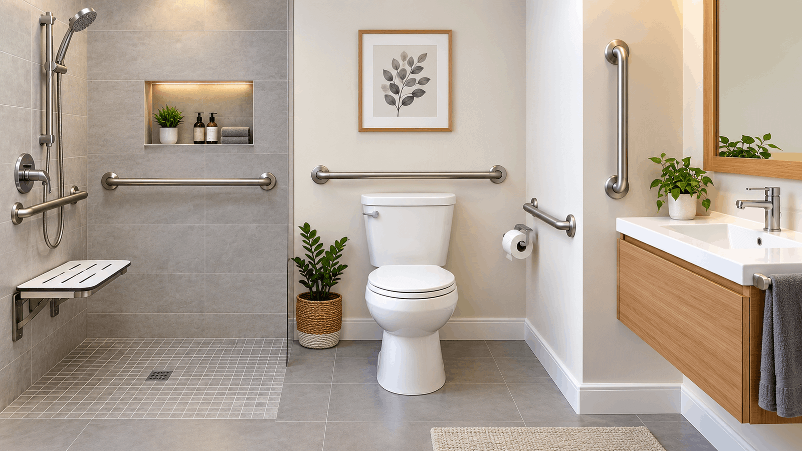 Grab bar placement for bathroom showing shower, toilet, and sink support bars