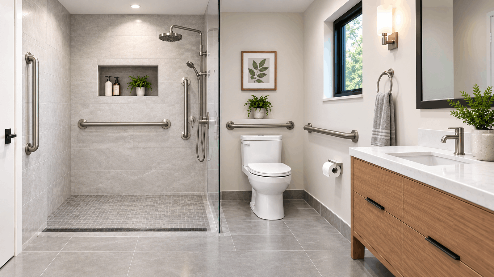 Grab bar placement for walk-in bathroom showing properly positioned stainless steel grab bars in the shower and toilet areas.