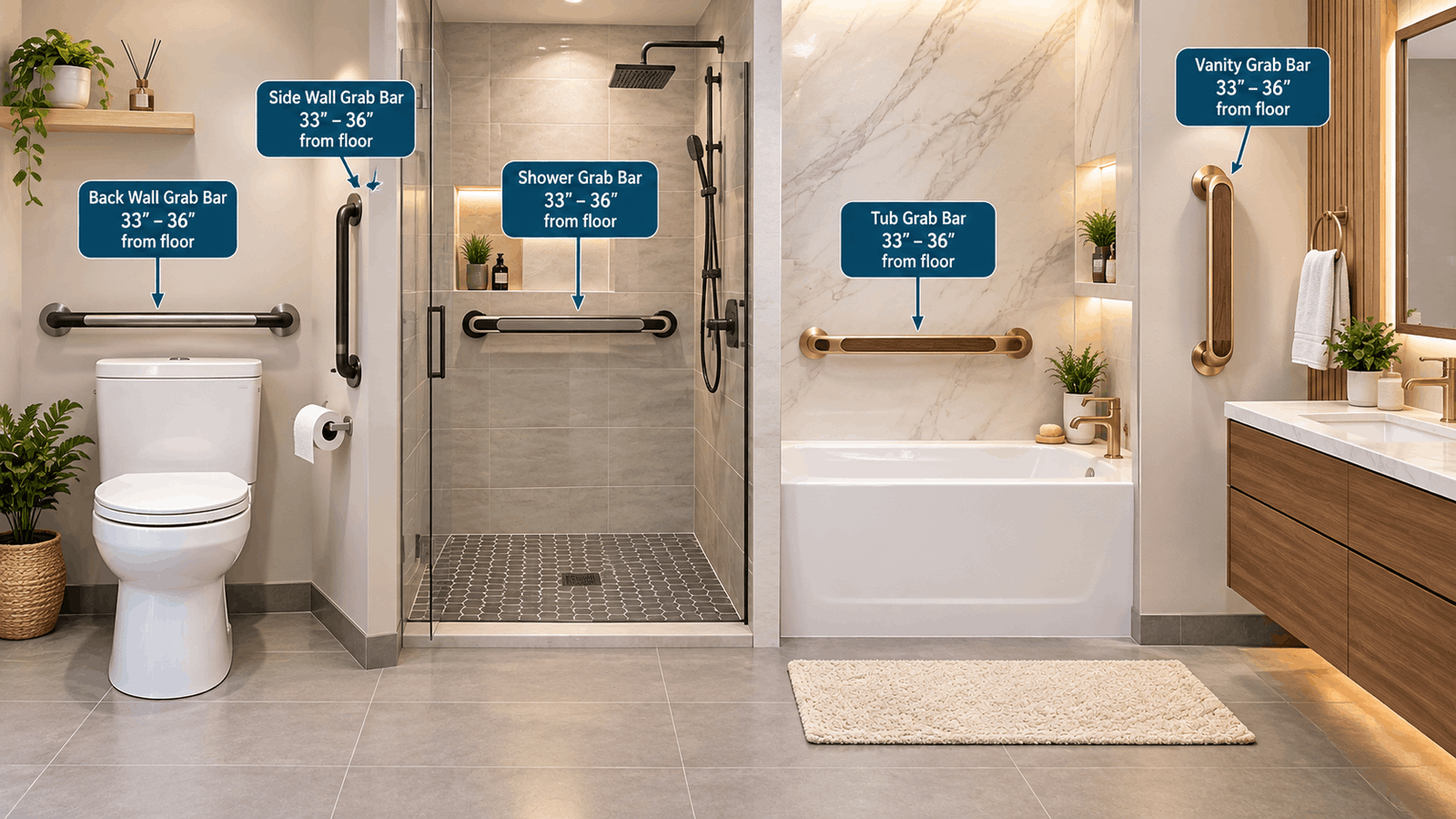 Height for grab bars in bathroom showing recommended grab bar placement in the shower, tub, toilet, and vanity areas.