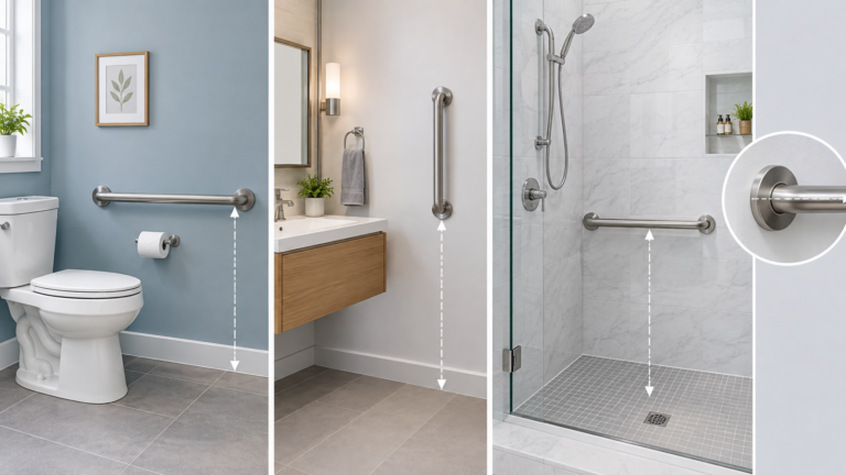 Standard grab bar height shown in an accessible bathroom with grab bars beside the toilet, vanity, and shower.