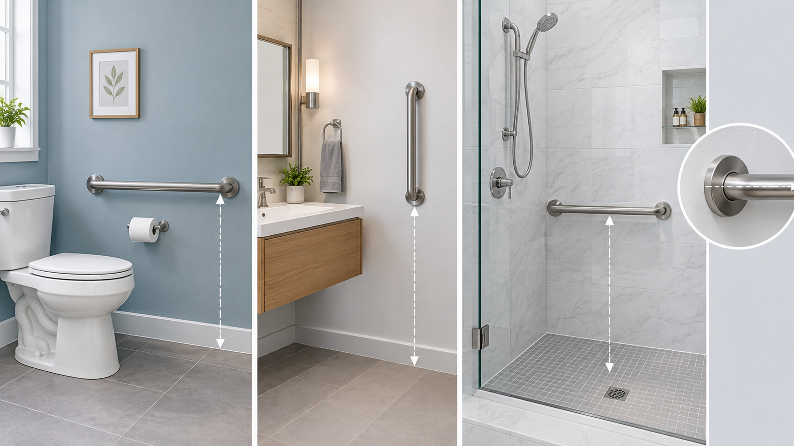 Standard grab bar height shown in an accessible bathroom with grab bars beside the toilet, vanity, and shower.