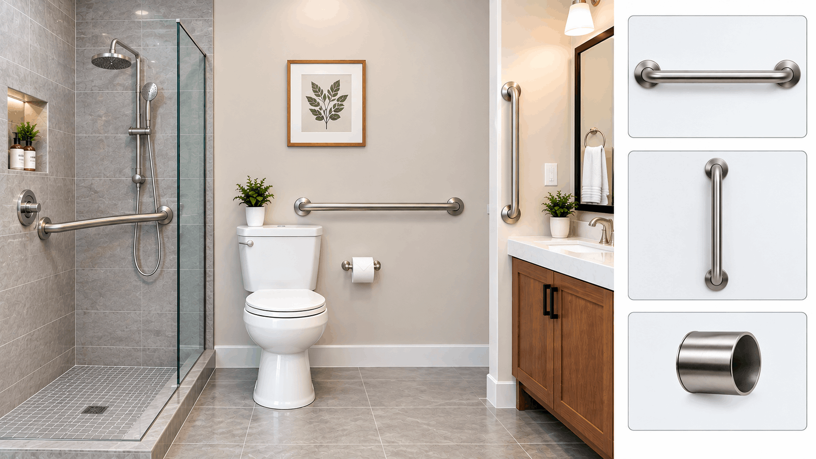 Standard height for grab bar in bathroom showing horizontal and vertical grab bars installed in a modern accessible shower and toilet area.