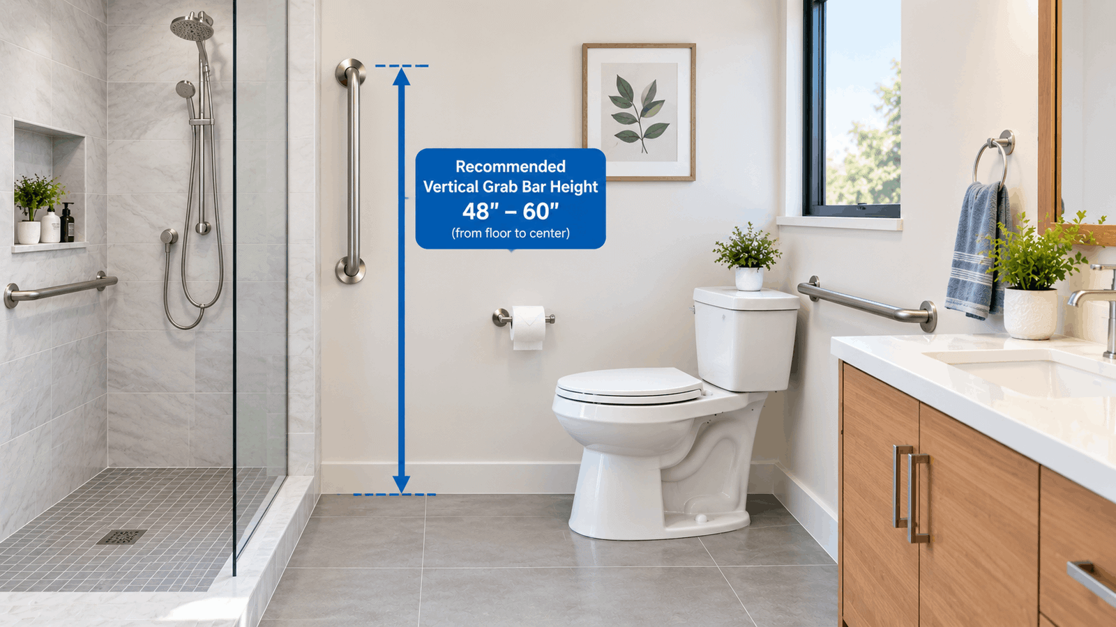 Vertical grab bar height shown with a floor-to-center measurement in a modern accessible bathroom.