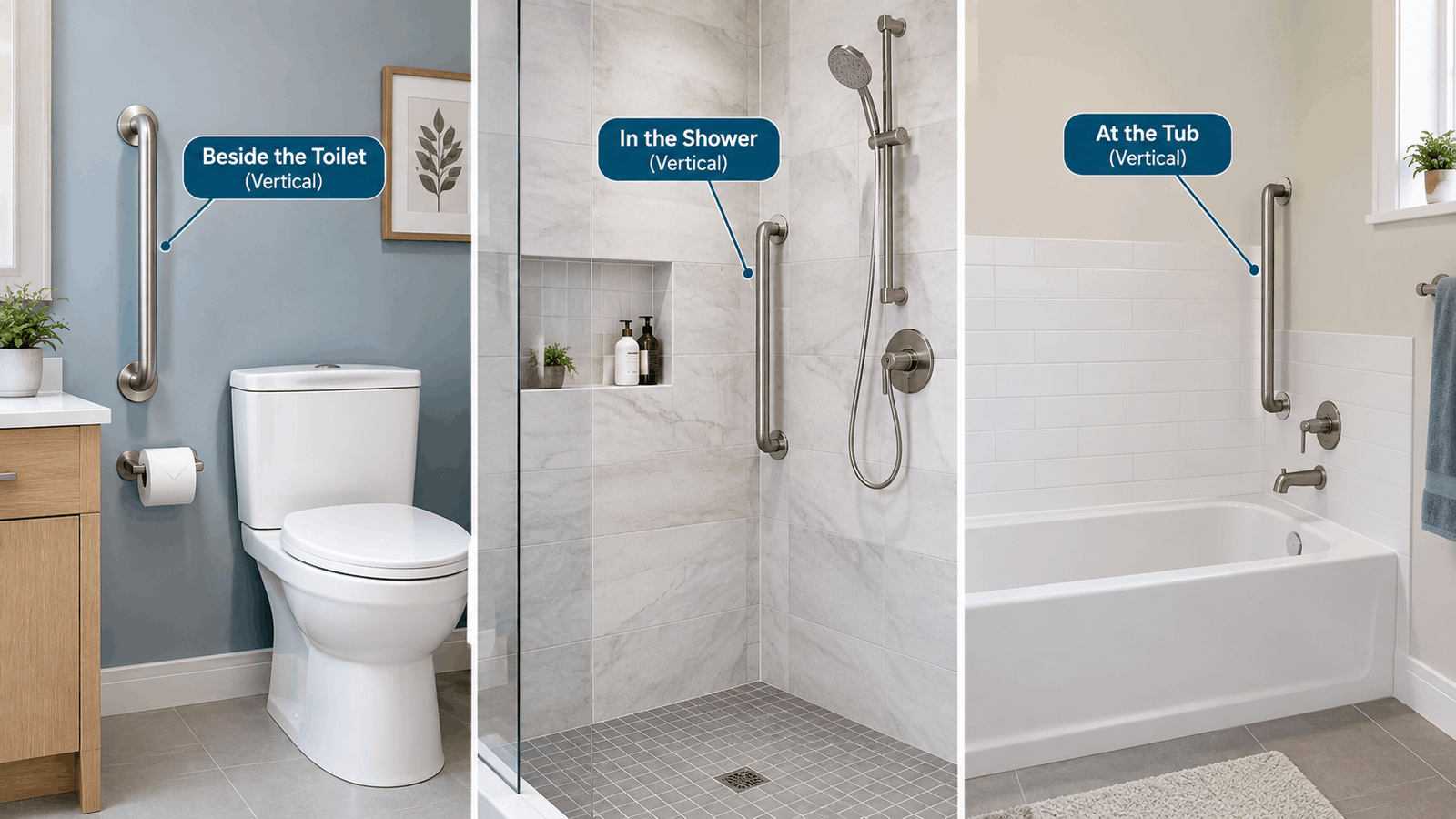 Vertical grab bar location bathroom showing placement beside the toilet, in the shower, and at the bathtub.