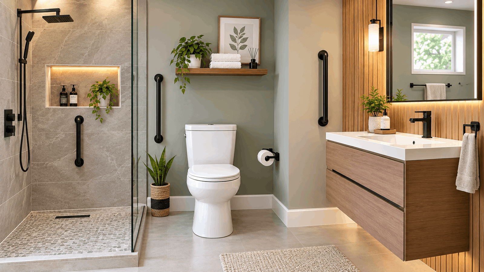 Vertical grab bar placement in a modern bathroom shower, toilet, and vanity area