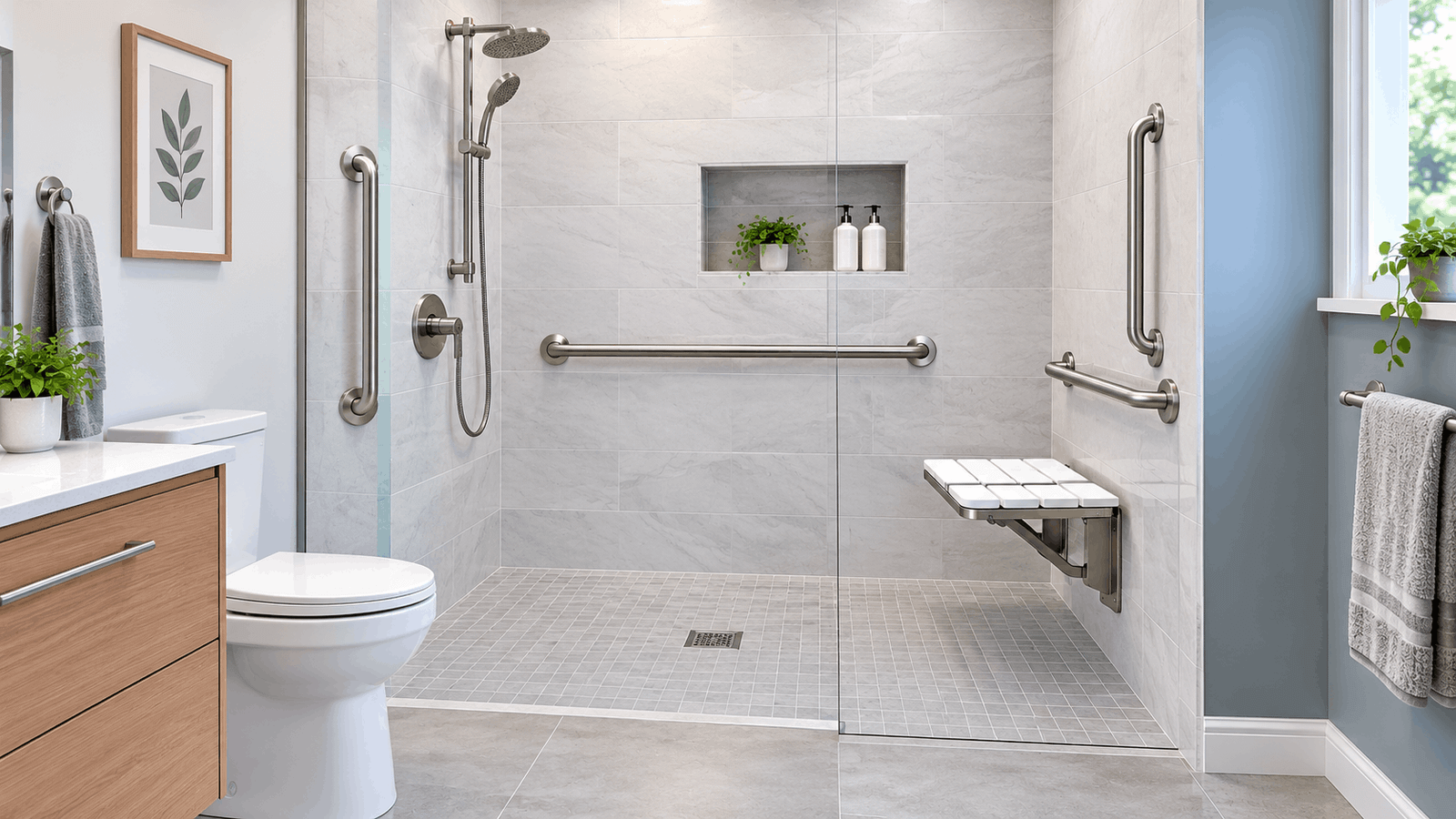Walk-in shower grab bar placement with horizontal and vertical stainless steel grab bars beside a shower seat.