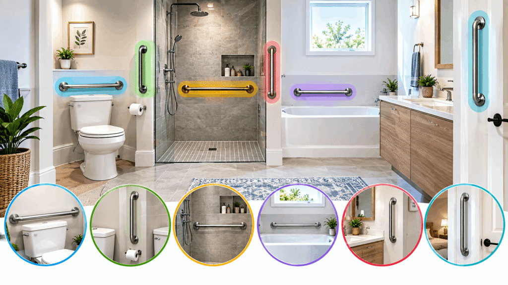 Where to install grab bars in a bathroom near the toilet, shower, bathtub, vanity, and doorway