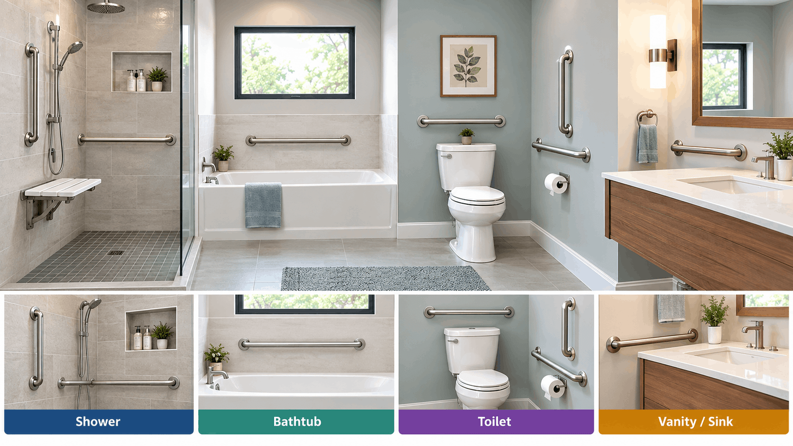 Where to put grab bars in a bathroom showing grab bar placement in the shower, bathtub, toilet, and vanity area.