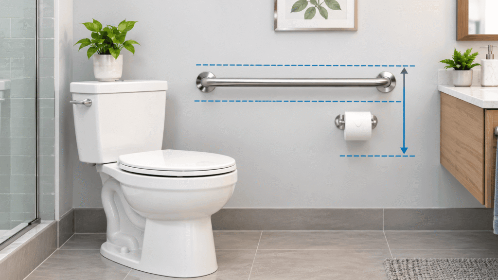 ADA Grab Bar Height Chart: Every Bar in One Table showing a horizontal stainless steel grab bar mounted beside a bathroom toilet.