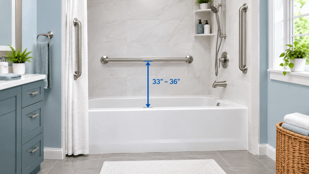 ADA Grab Bar Height for Bathtubs showing a horizontal stainless steel grab bar mounted above a bathtub in a modern accessible bathroom.