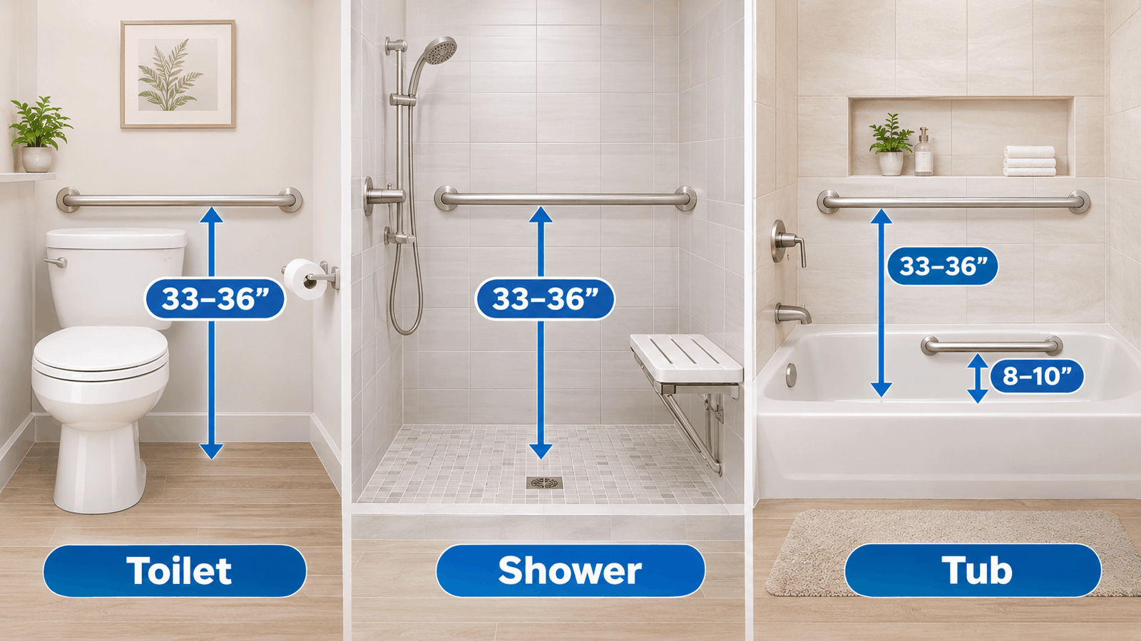 ADA height for grab bars showing recommended mounting heights beside the toilet, in the shower, and around the bathtub.