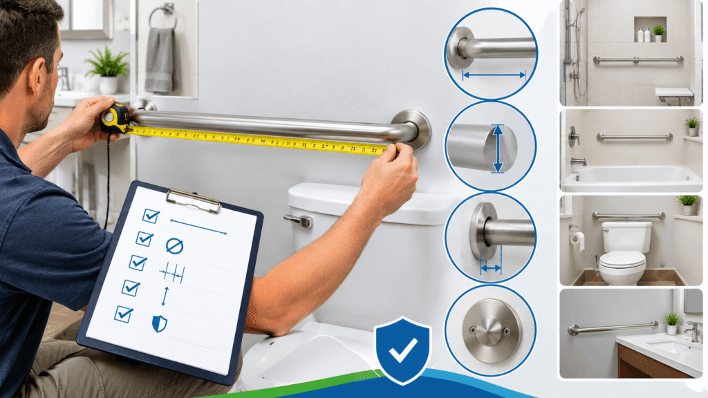 How to check a grab bar against ADA specs by measuring length, diameter, wall clearance, height, and secure mounting.