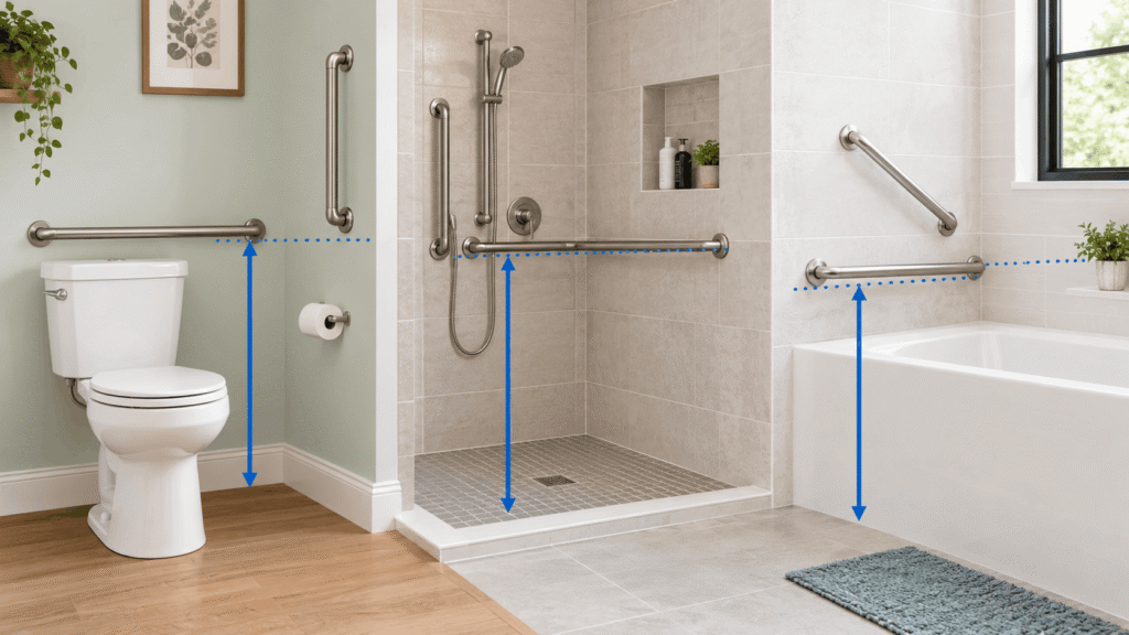 How High Should Grab Bars Be Mounted? Bathroom grab bar height and placement near the toilet, shower, and bathtub.