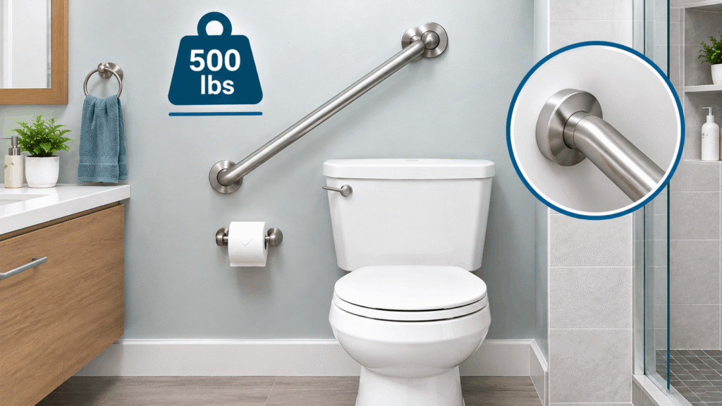 How much weight can an angled grab bar hold showing a diagonal bathroom grab bar and secure wall mounting