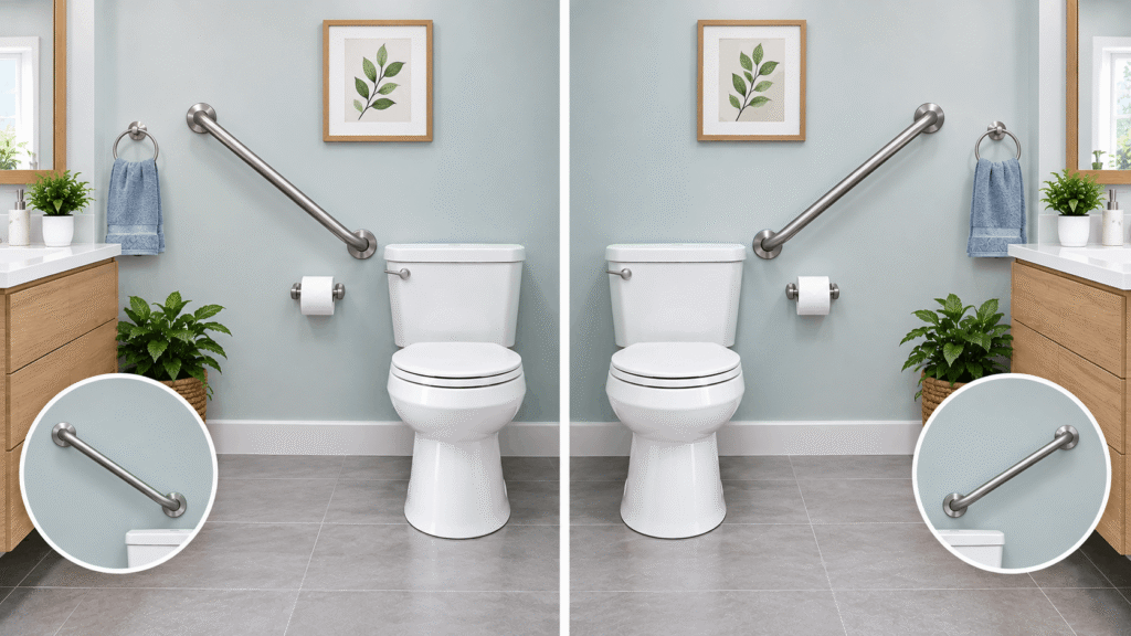 Left-hand or right-hand angled grab bar shown in two bathroom toilet setups