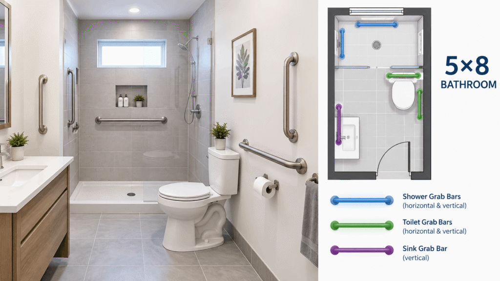 Placing Bars in a 5×8 Bathroom showing grab bar locations around the shower, toilet, and bathroom entry