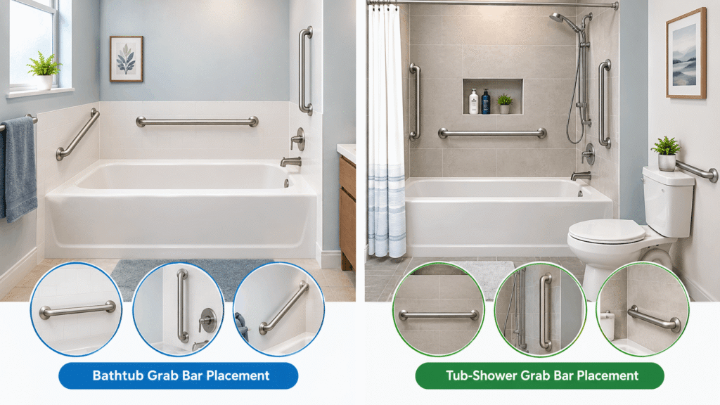 Tub and Tub-Shower Grab Bar Placement showing horizontal, vertical, and angled grab bars around a bathtub and tub-shower.