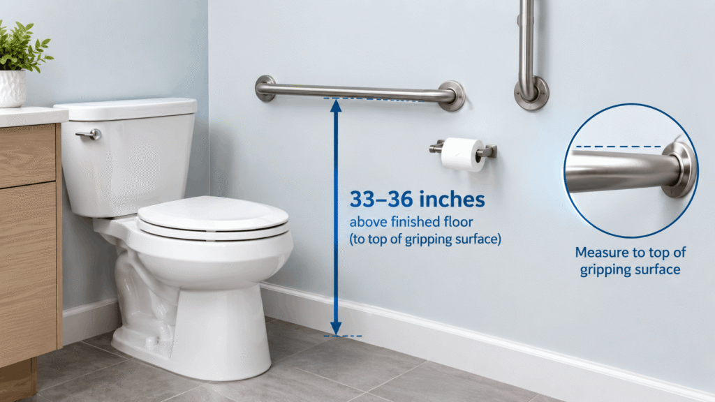 What Height Should a Toilet Grab Bar Be? Toilet grab bar shown at the recommended 33–36 inch height above the finished floor.