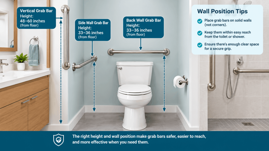 What height and wall position should a grab bar have showing proper bathroom grab bar placement