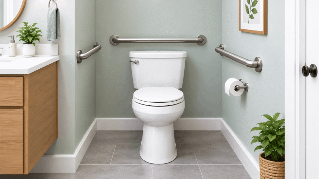 Where do grab bars go next to the toilet showing side-wall and back-wall grab bar placement