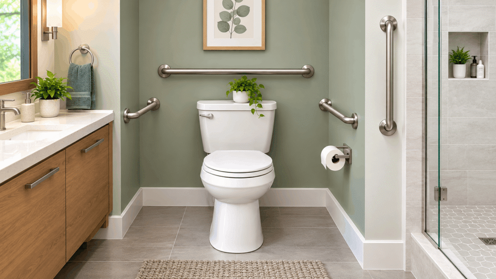 Where Should Grab Bars Be Placed Around a Toilet? Horizontal and angled grab bars installed beside and behind a modern toilet for support.