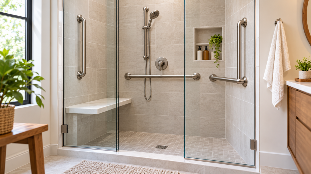 Where Should Grab Bars Go in a Shower? Stainless steel grab bars installed on shower walls for safety and support.