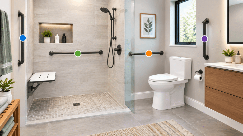 Where Should Grab Bars Go in a Walk-In Bathroom? Grab bar placement in shower and toilet areas