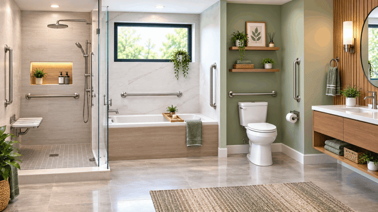 Where to place grab bars in a bathroom near the shower, bathtub, toilet, and vanity for added support.