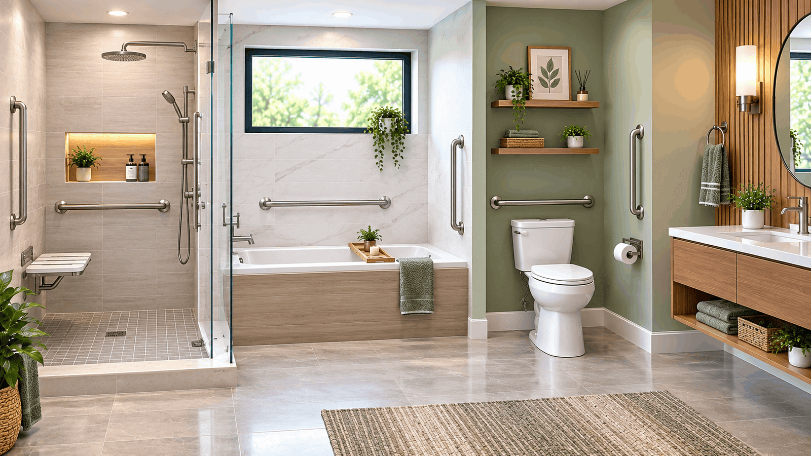 Where to place grab bars in a bathroom near the shower, bathtub, toilet, and vanity for added support.