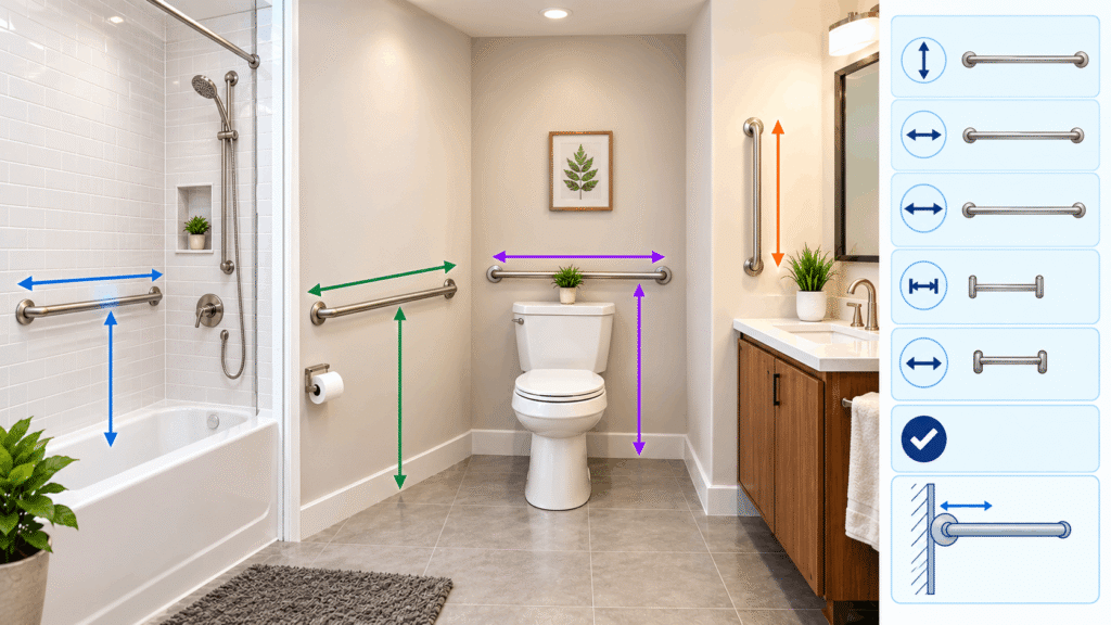 Which clearances change where a grab bar can go in a bathroom, showing shower, tub, toilet, and sink grab bar placement.
