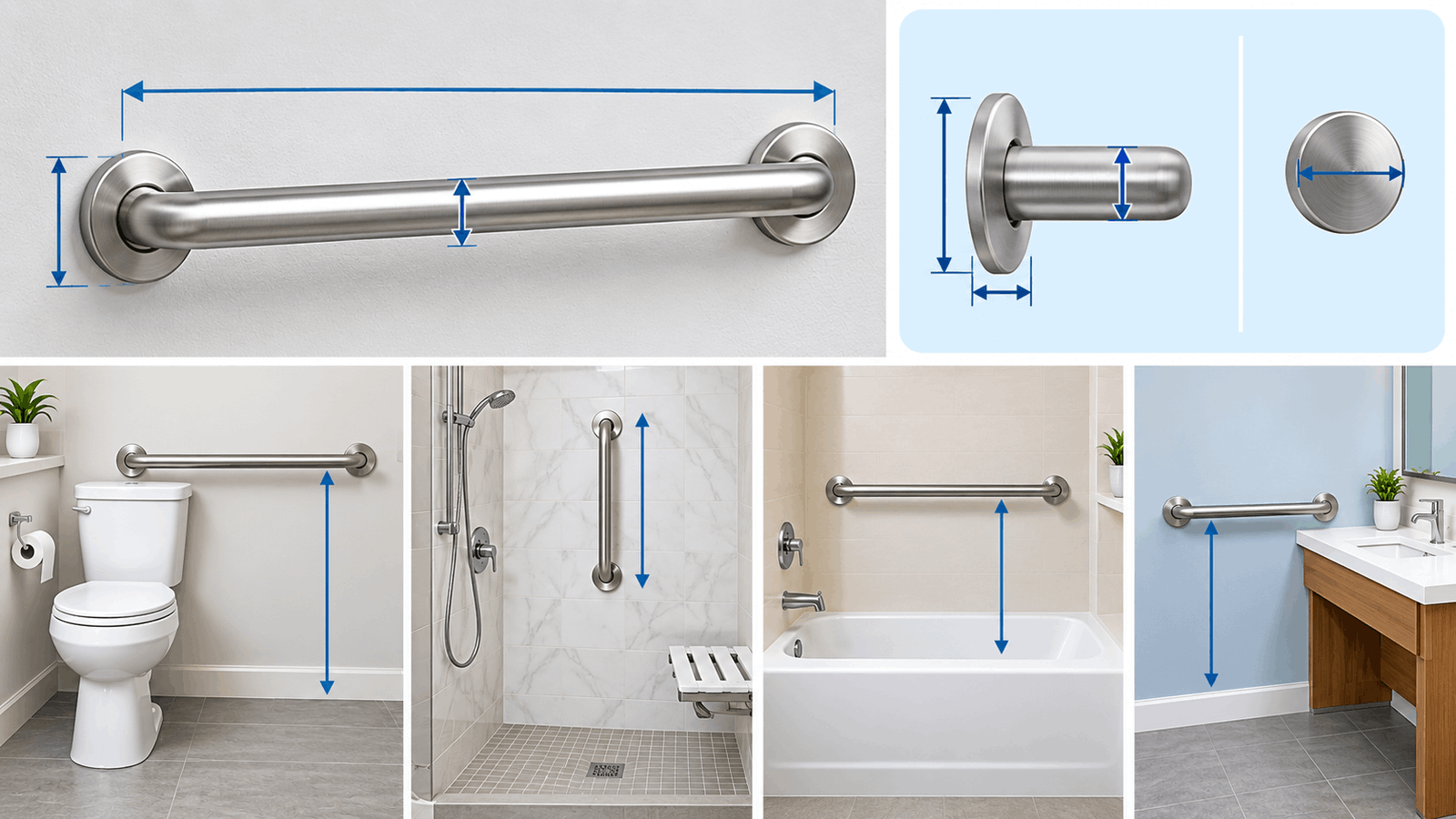ADA bathroom grab bar dimensions showing grab bar size, diameter, clearance, and placement in a bathroom