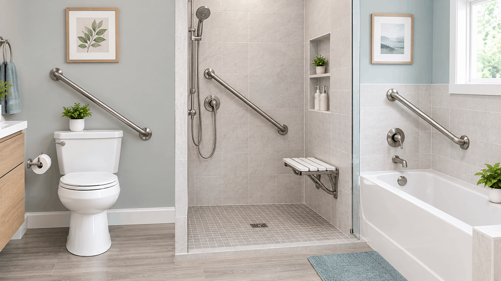 Angled grab bars installed diagonally near the toilet, shower, and bathtub in a modern bathroom